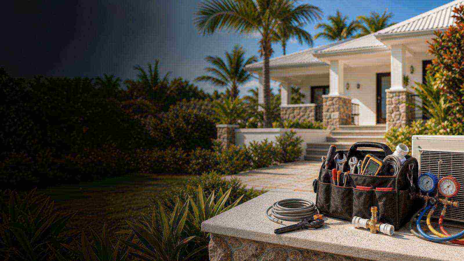 Maison en Martinique avec outils de plomberie, électricité et climatisation