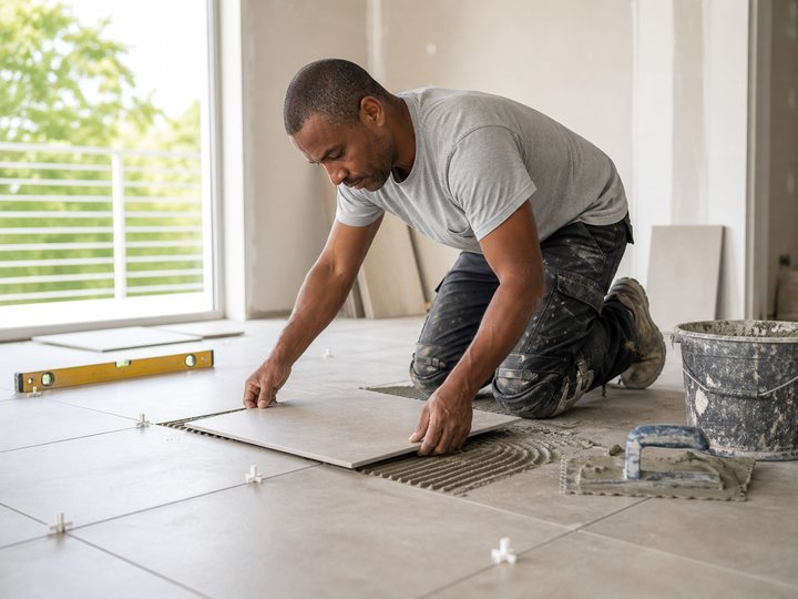 Technicien posant du carrelage pendant une rénovation